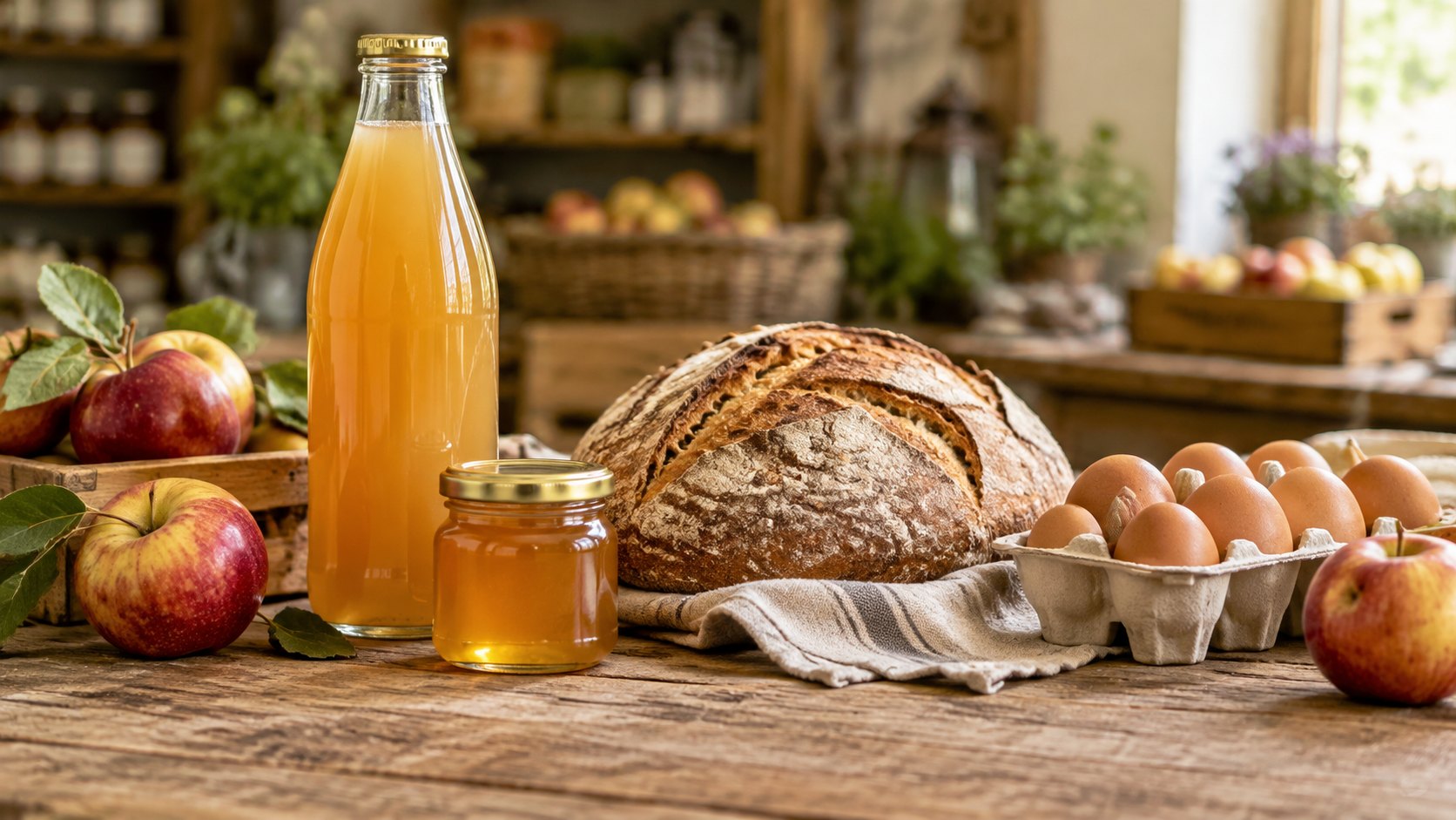 Brot, Eier, Äpfel, Honig und Apfelsaft auf einem Holztisch