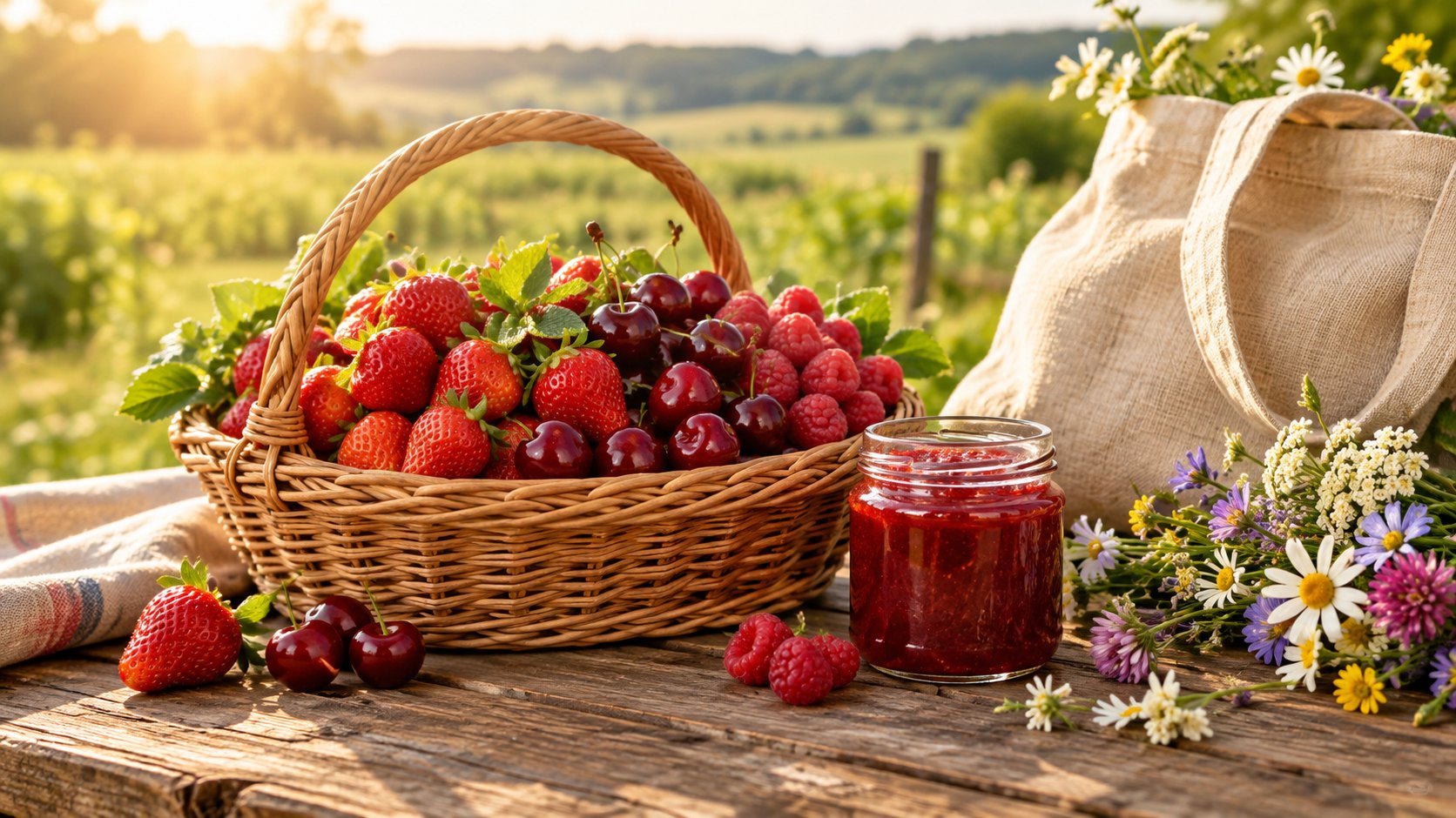Korb mit Erdbeeren, Kirschen und Himbeeren neben Marmelade und Wiesenblumen