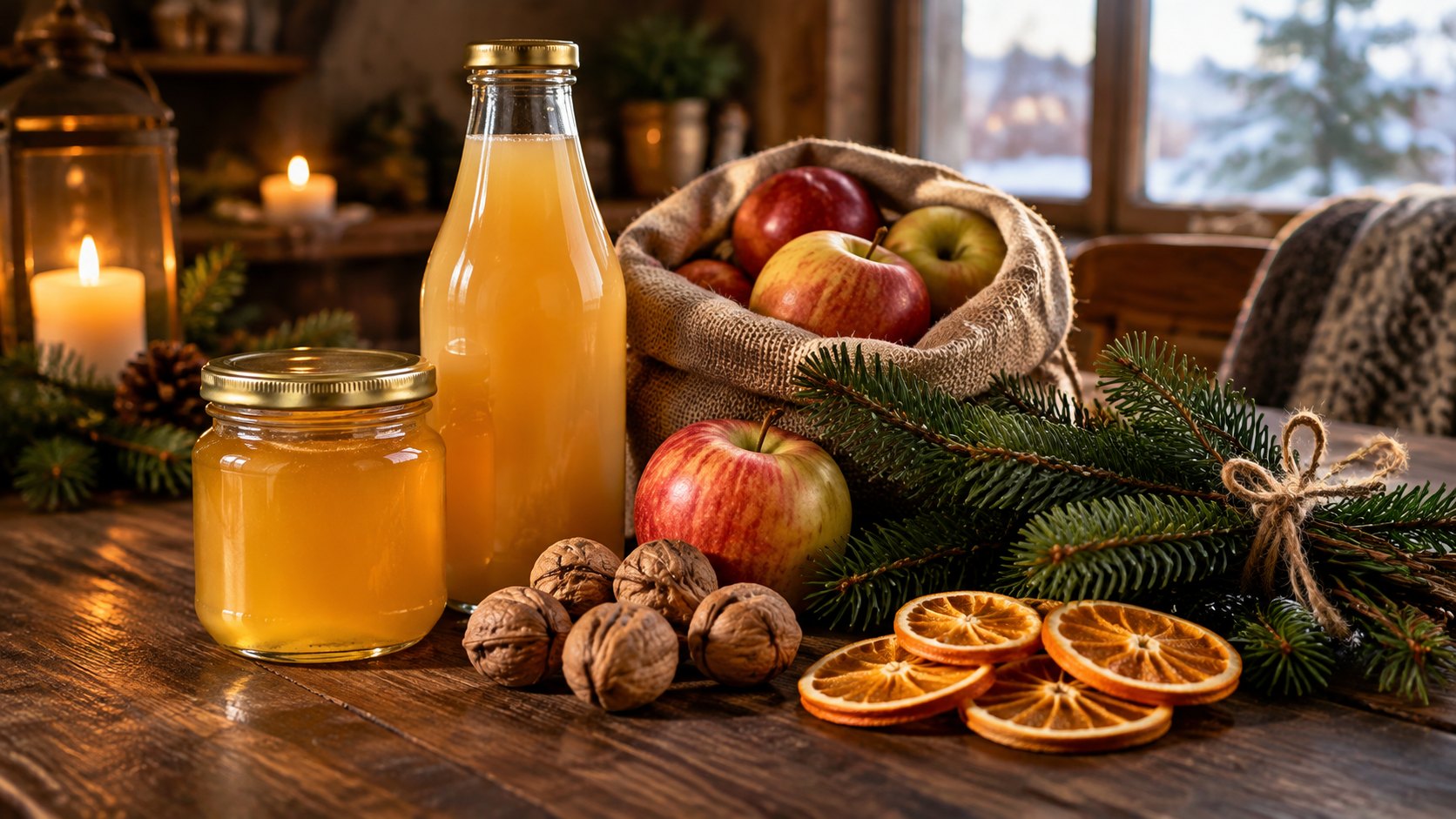 Honig, Walnüsse, Äpfel und getrocknete Orangen mit Tannenzweigen
