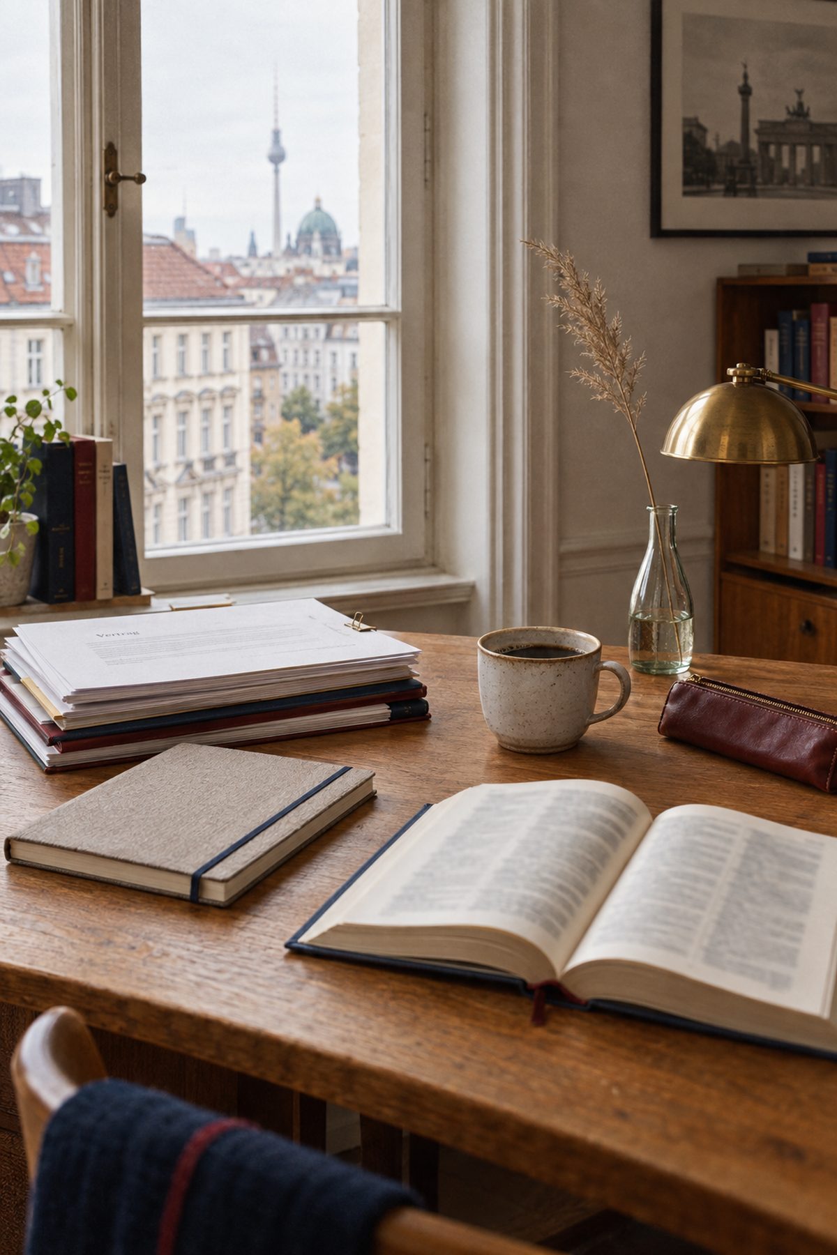 Schreibtisch mit Verträgen, Wörterbuch und Kaffee vor einem Berliner Fenster