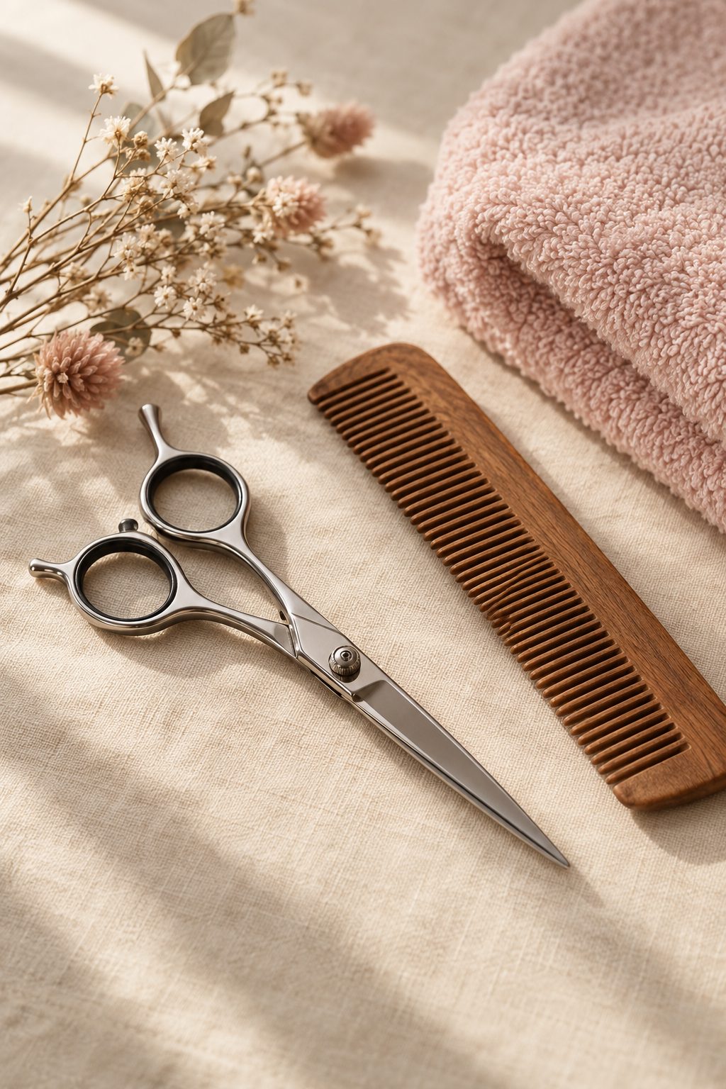 Friseurschere, Holzkamm und ein rosa Handtuch auf Leinen