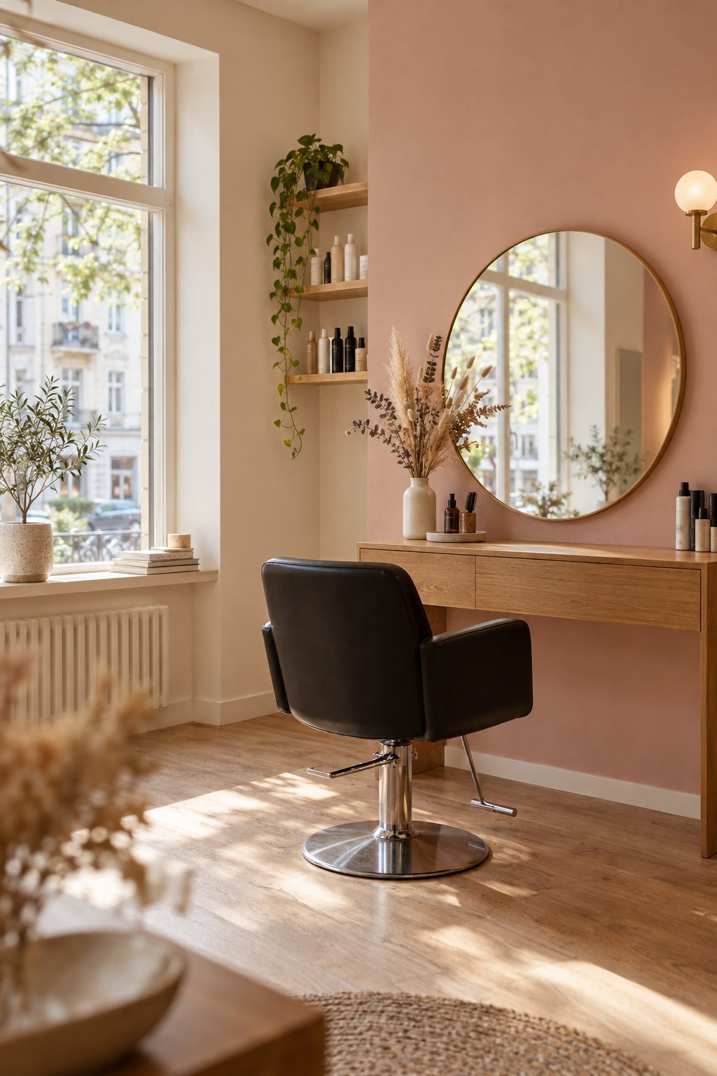 Blick in den Salon Candy: heller Raum mit rundem Spiegel, Frisierplatz aus Eichenholz und Blick zum Fenster