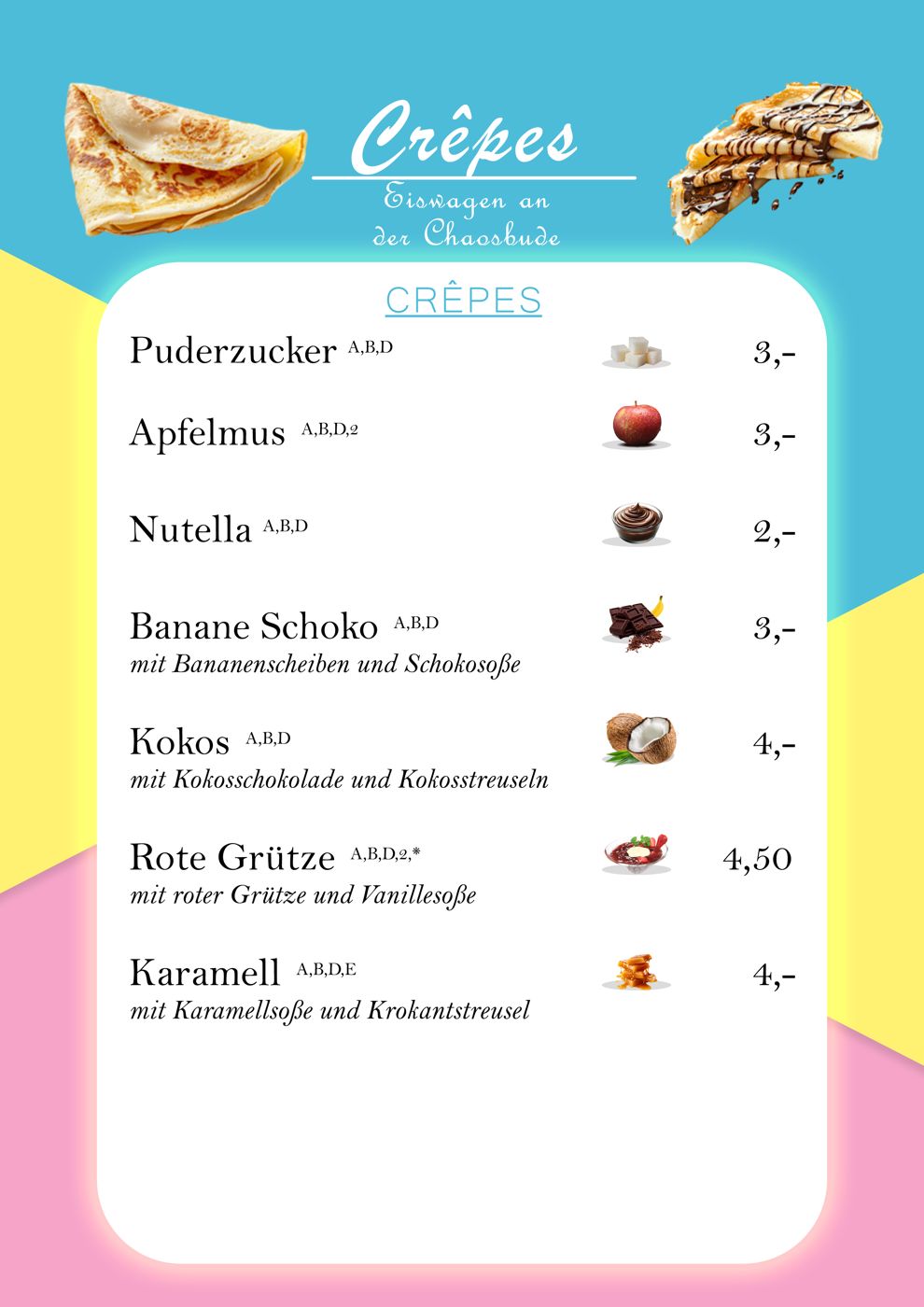 Speisekarte Crêpes mit Preisen