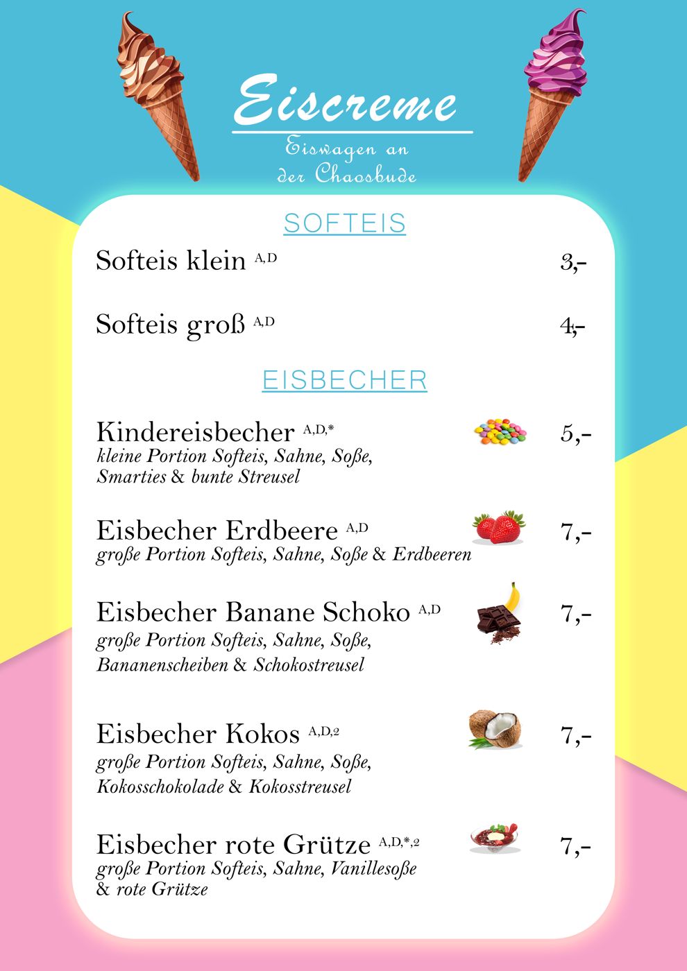 Speisekarte Eiscreme: Softeis und Eisbecher mit Preisen