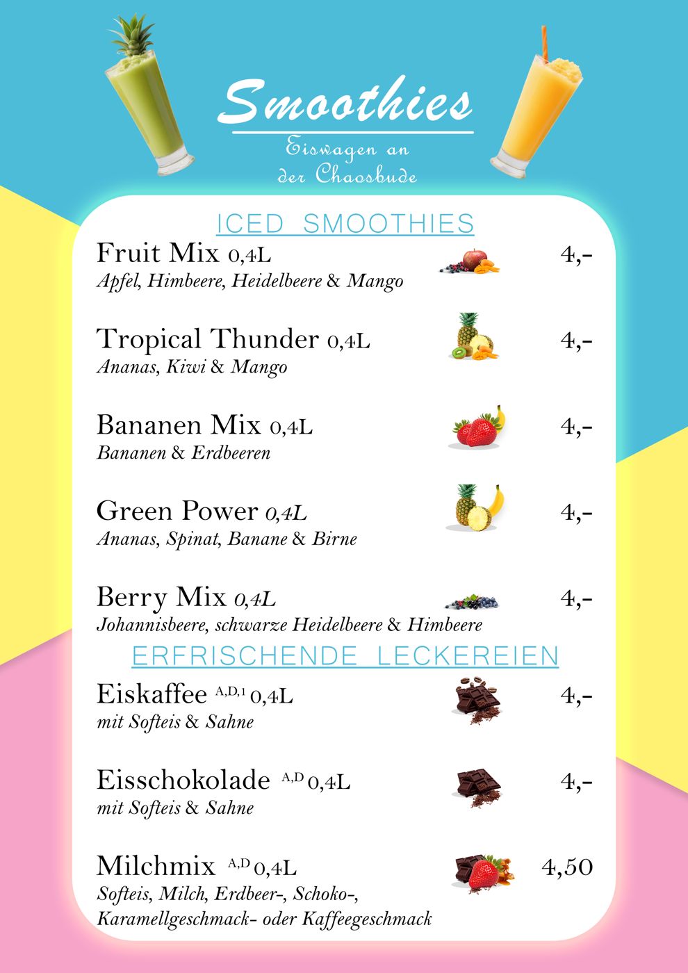 Speisekarte Smoothies und Getränke mit Preisen