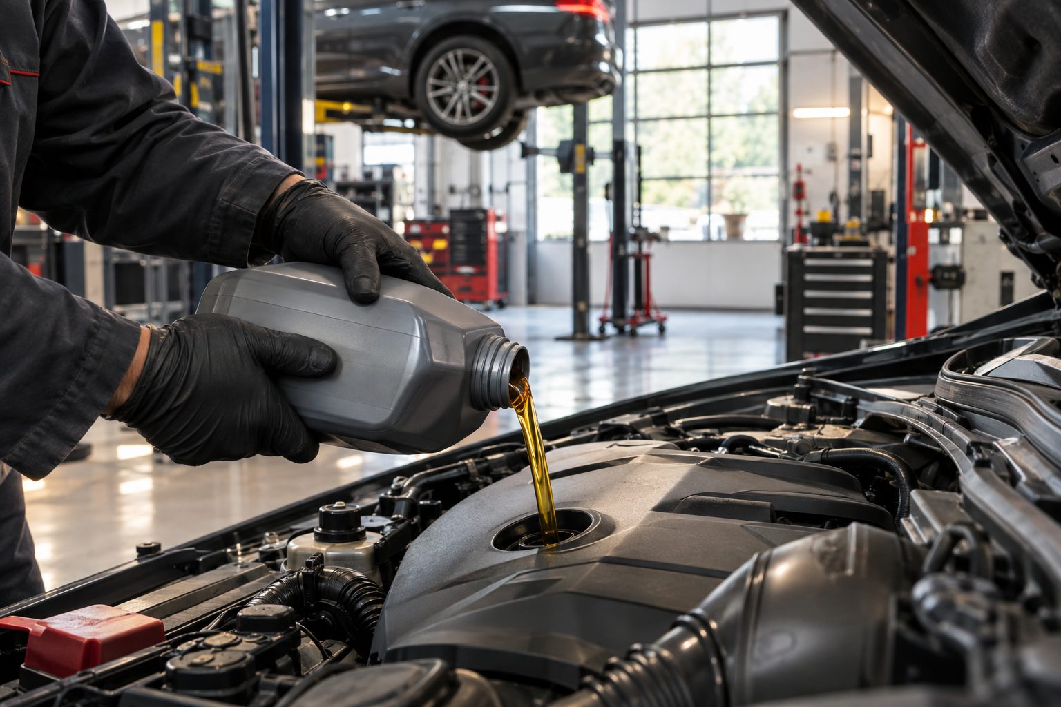 Frisches Motoröl wird bei der Inspektion in den Motor eingefüllt