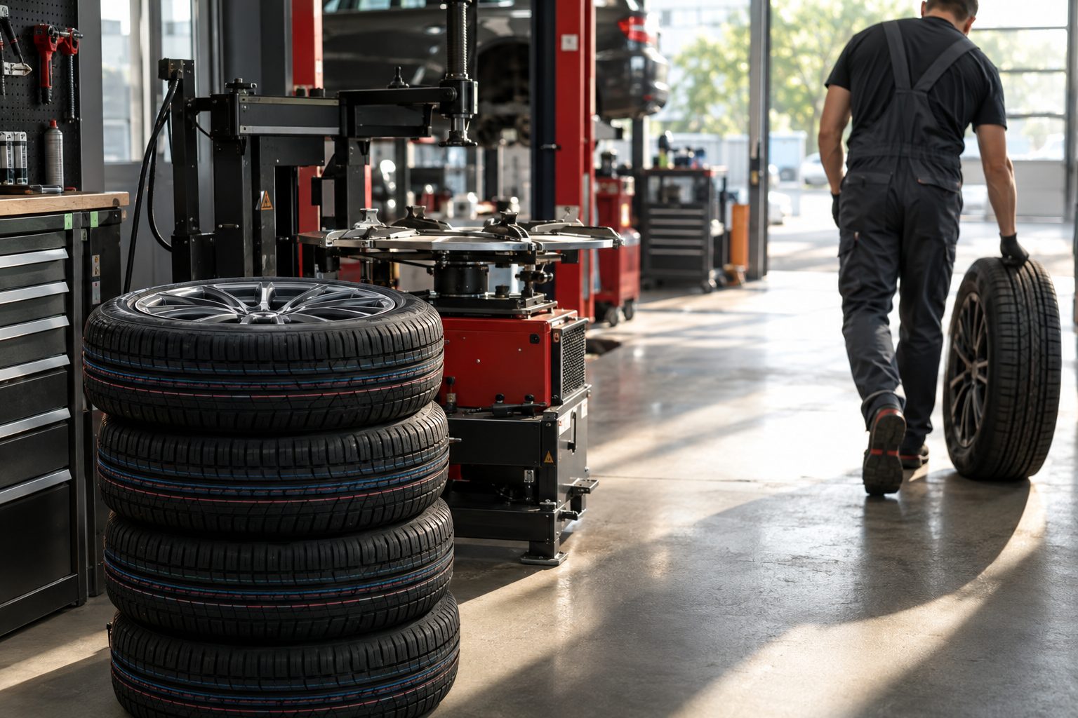 Stapel neuer Reifen vor einer Reifenmontiermaschine in der Werkstatt